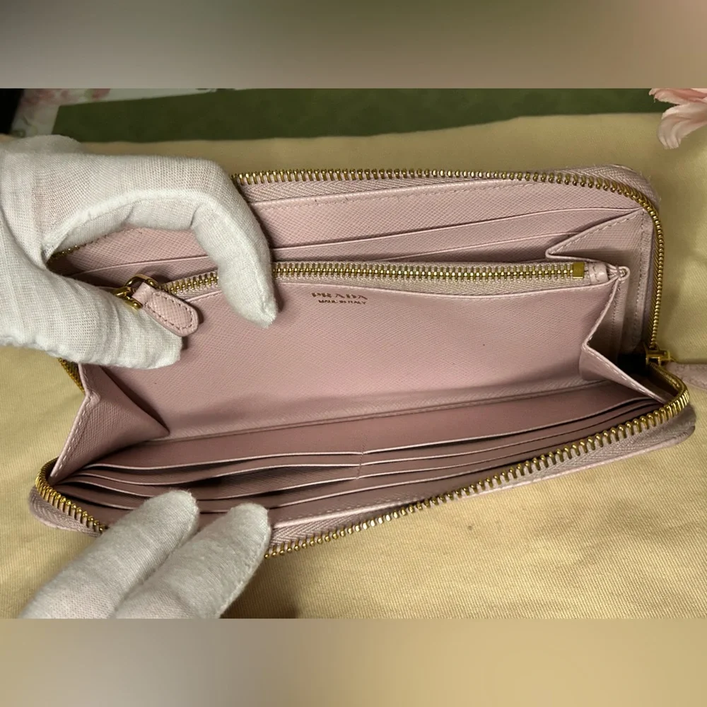 Prada Saffiano Lux Zip-Around Wallet (Light Pink) w/ Gold Logo